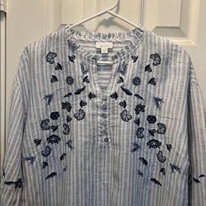 J.jill Blue and White Striped Top with Floral Embroidery